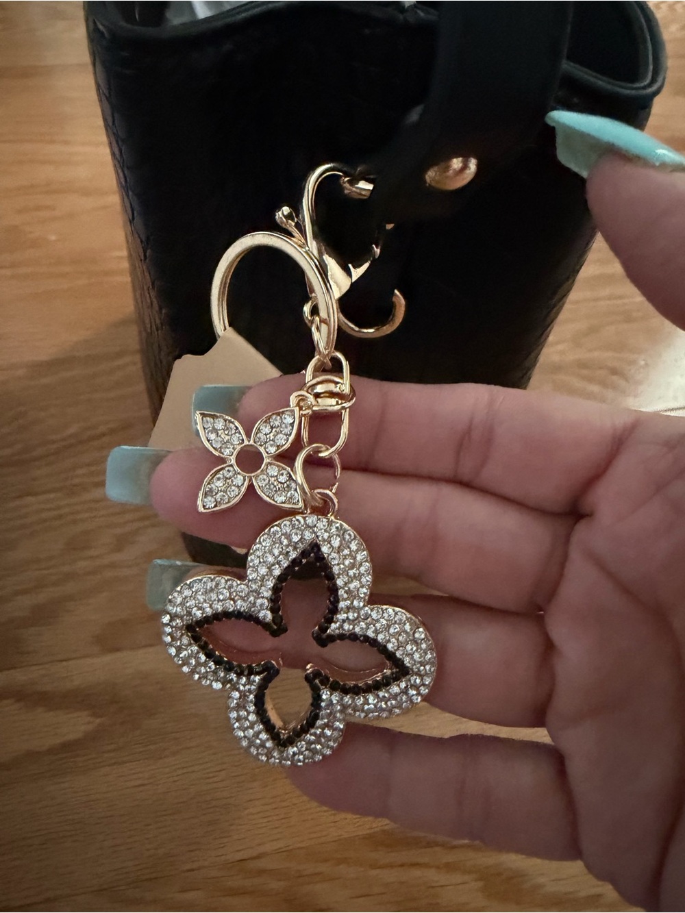 Rhinestone Clover Gold Keychain Bag Charm - Women Accessories